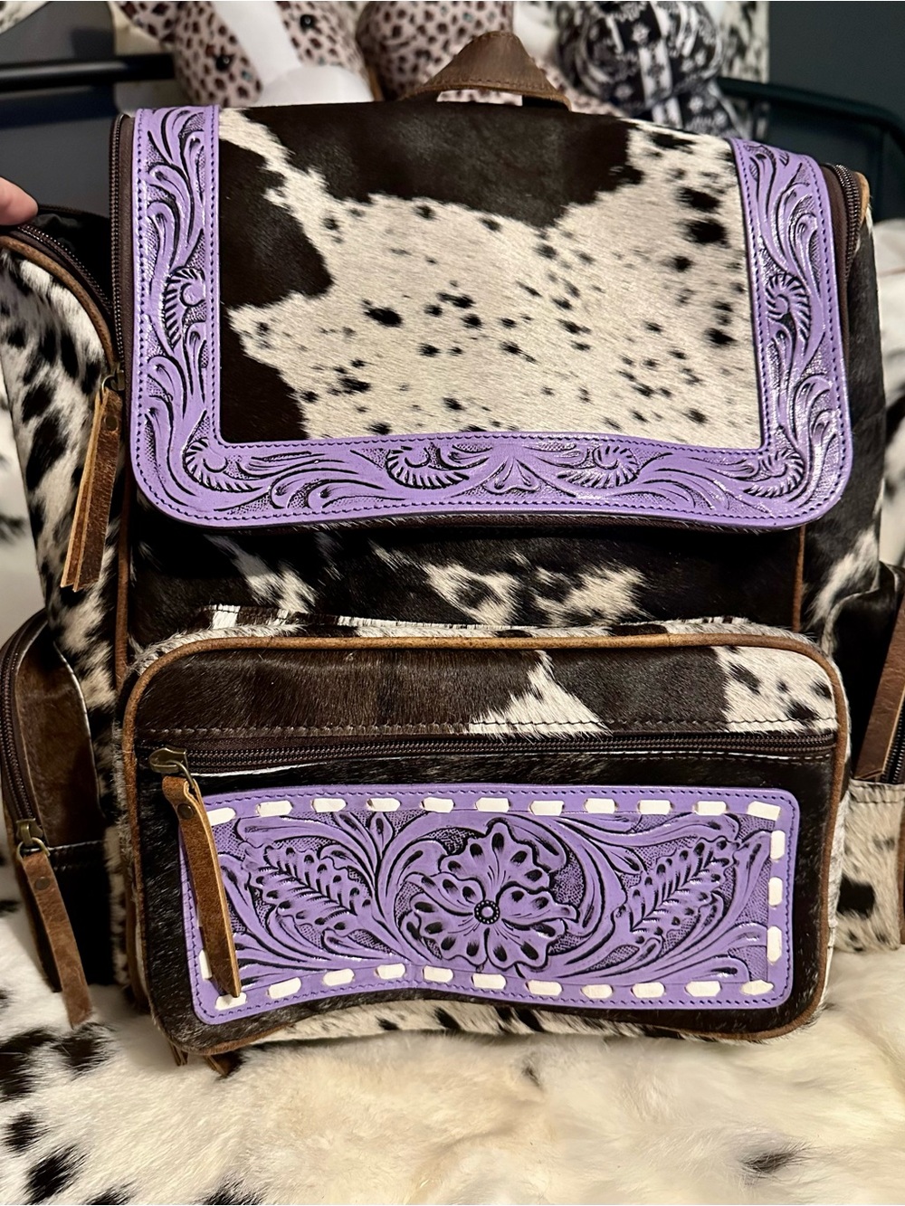 Amazing Hide!!🌵🪩 Cowhide Backpack with Lavender Tooled Accents Genuine Leather